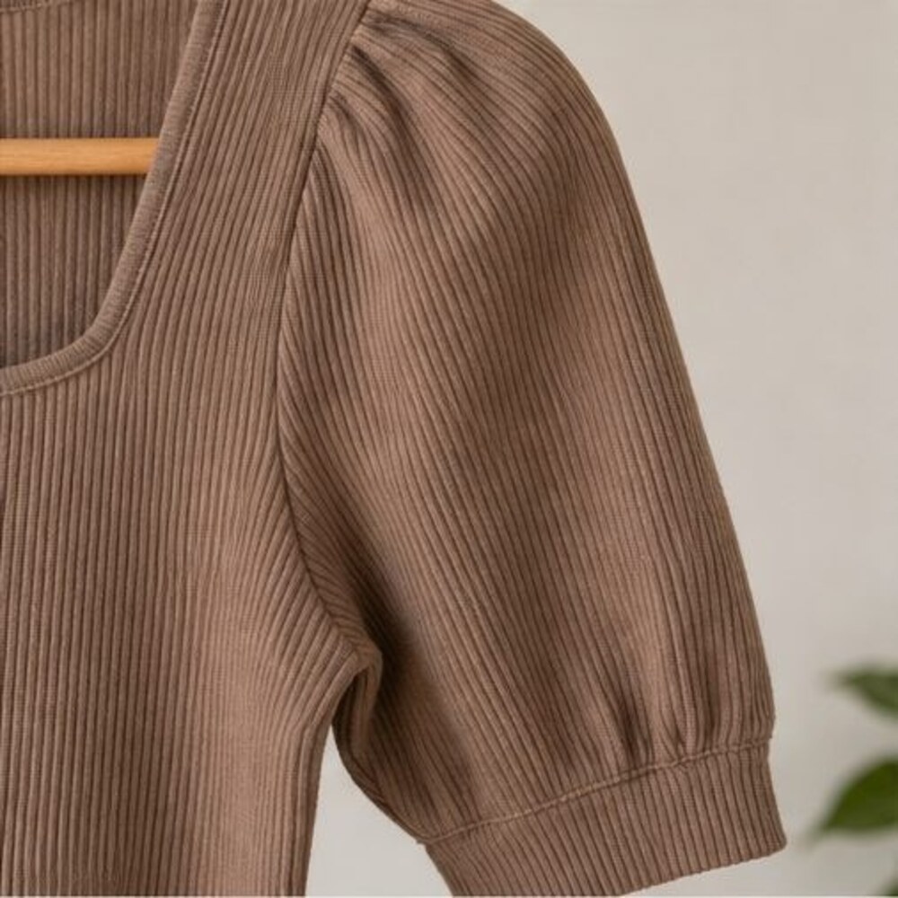 Taupe Ribbed Square Neck Top - Picture 5 of 6